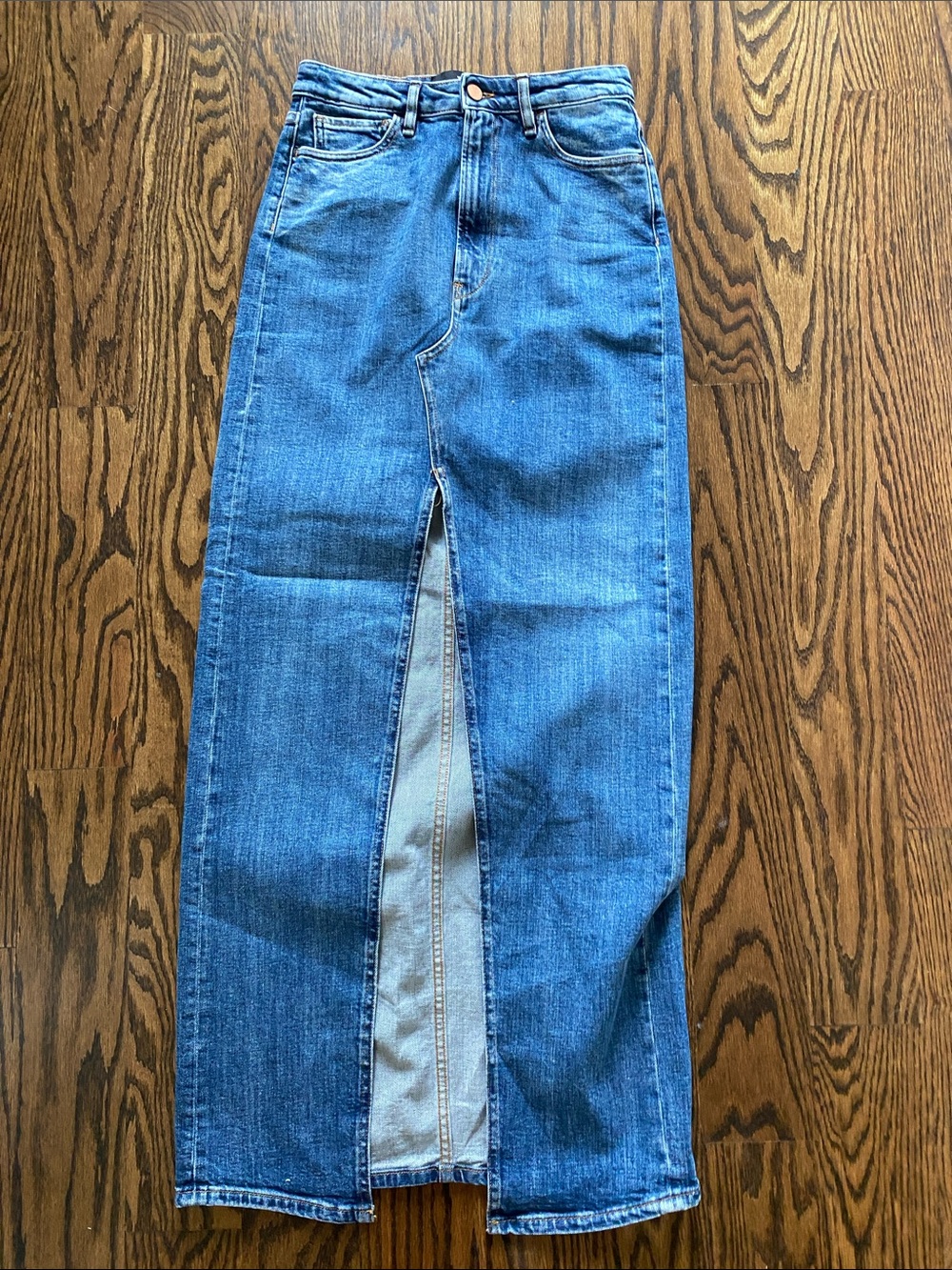 3x1 Straight-Leg Denim Skirt in Medium Blue with Front Slit